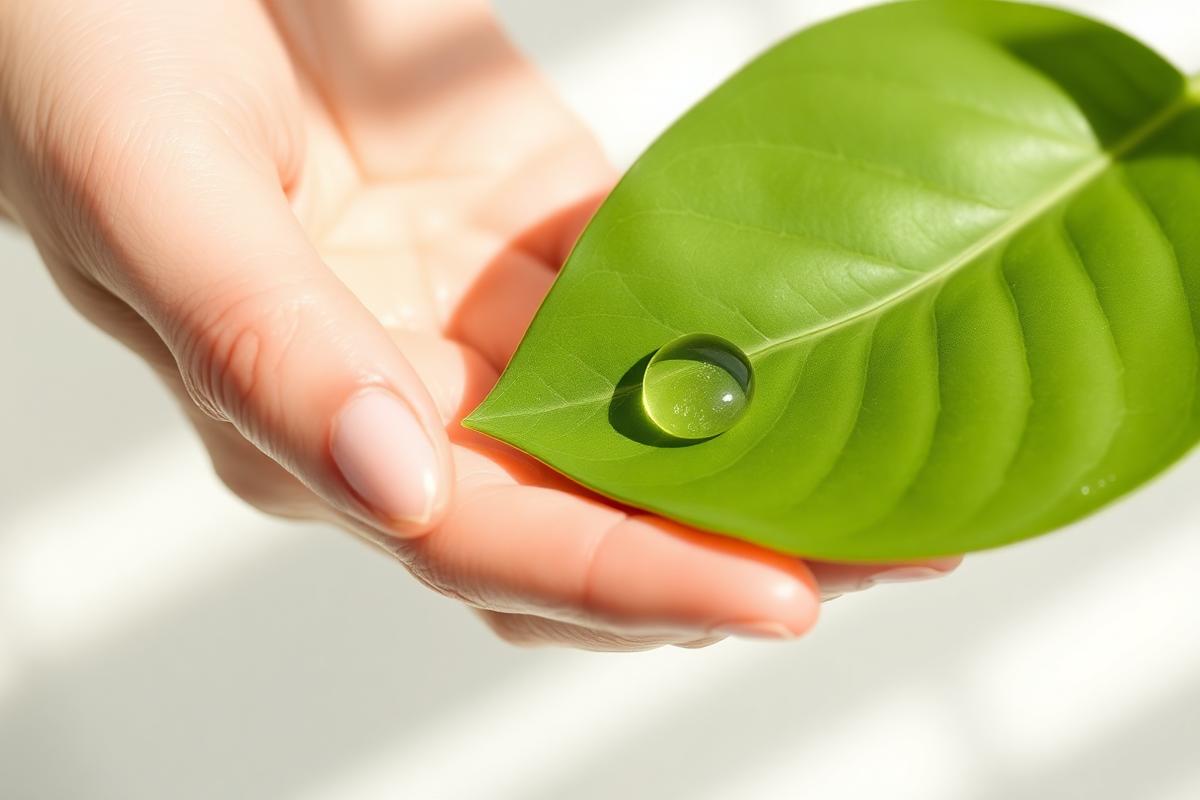 Hand holding a fresh green leaf with a water droplet